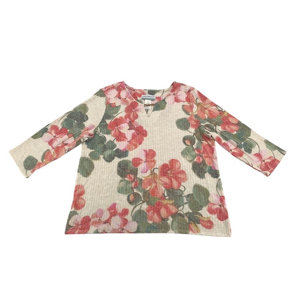 Vintage Alfred Dunner Top Womens PL Floral Ribbed Knit Gold Bead Grandmacore